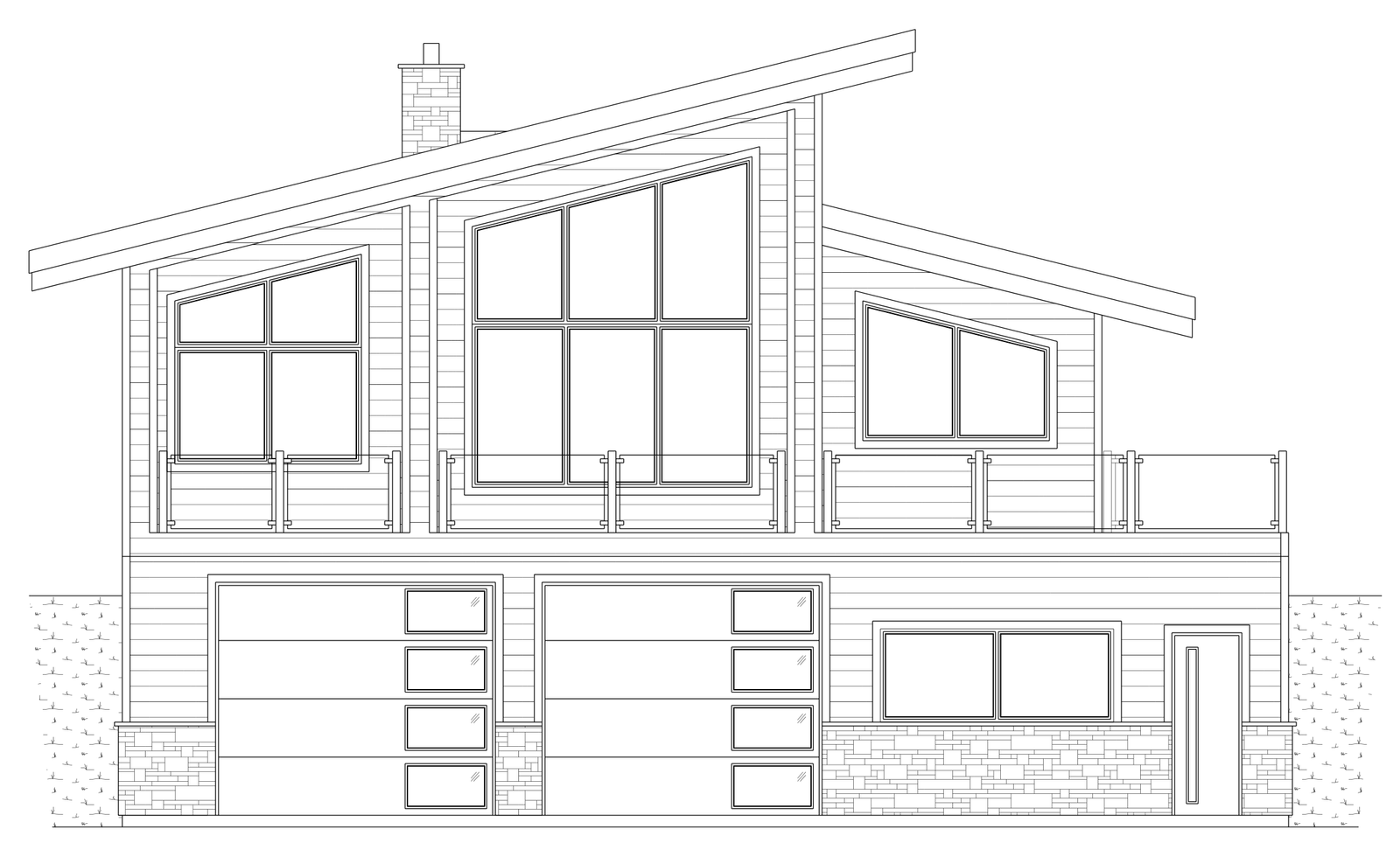Front elevation drawing for an upcoming new build, with sloping rooflines, large windows, and an upper deck